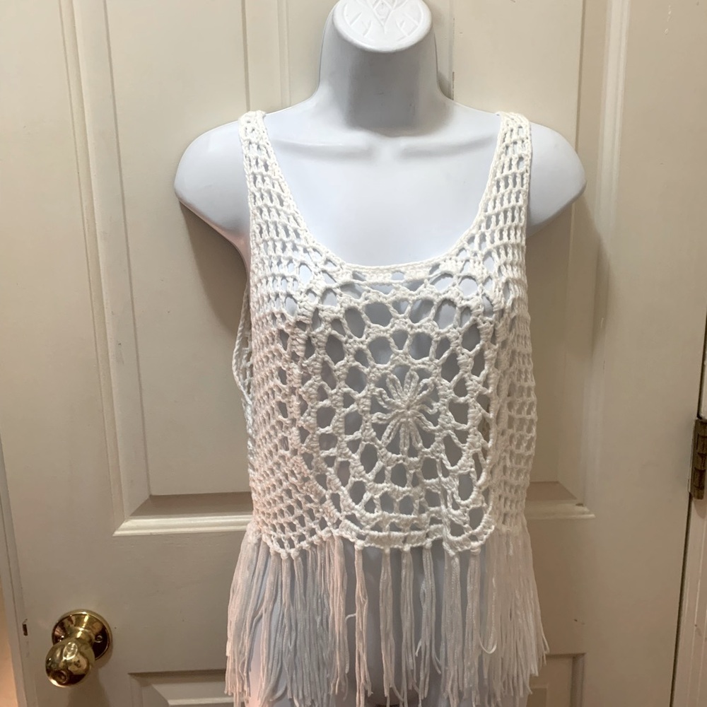 White Crochet Fringe Tank Top